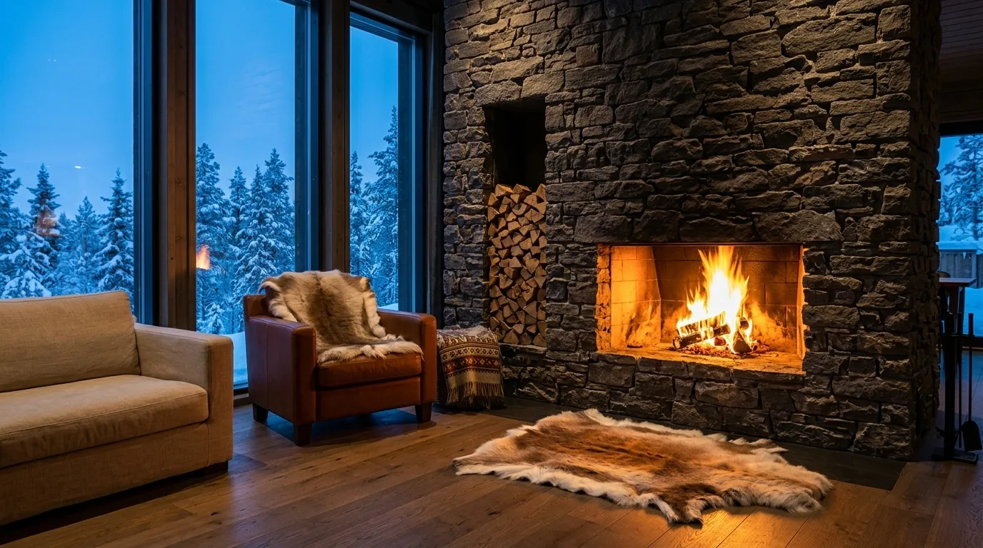 A reindeer hide on the floor in front of a stone fireplace and another over a leather armchair in a chalet