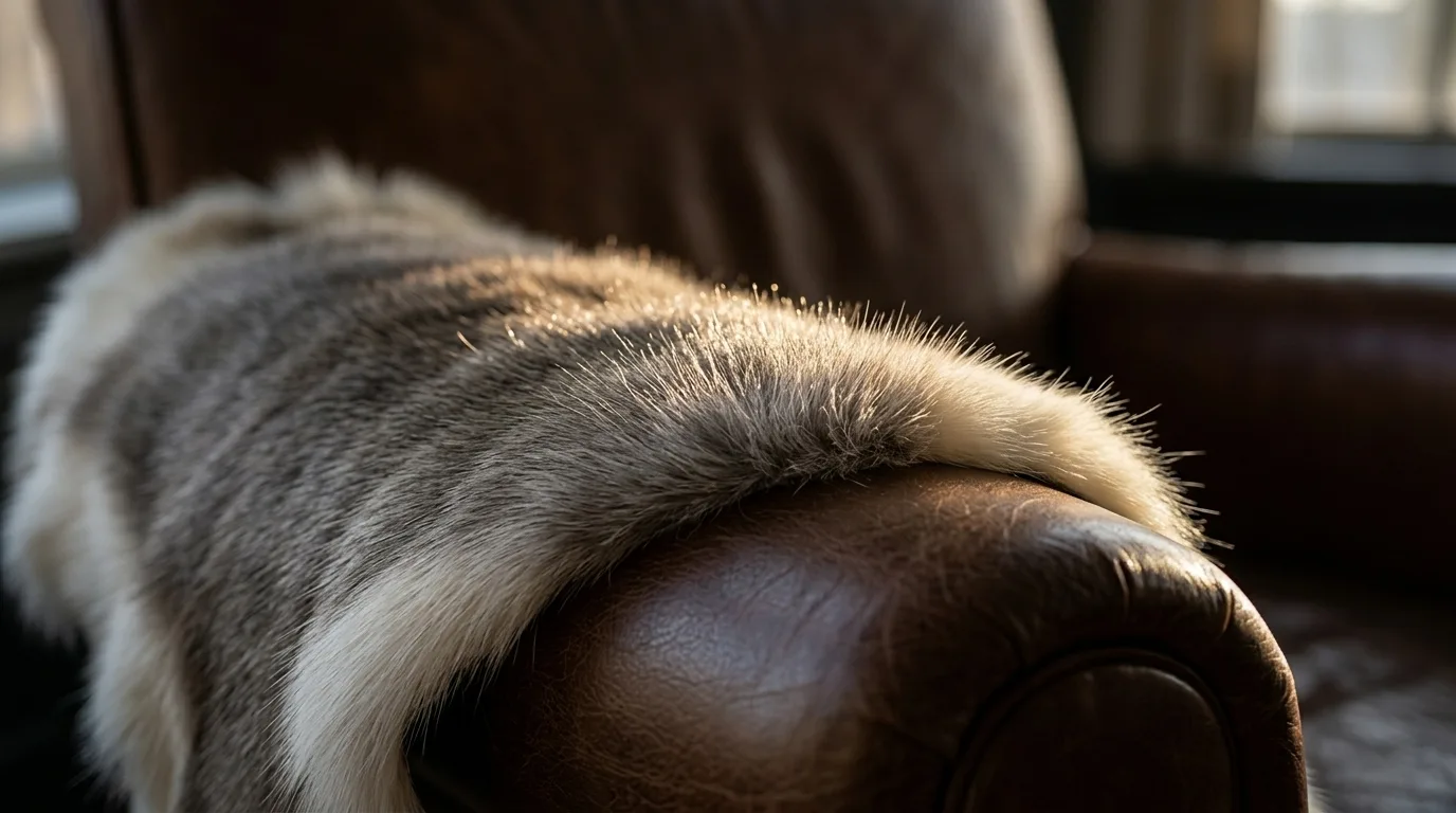Close-up of reindeer fur over the arm of a leather chair