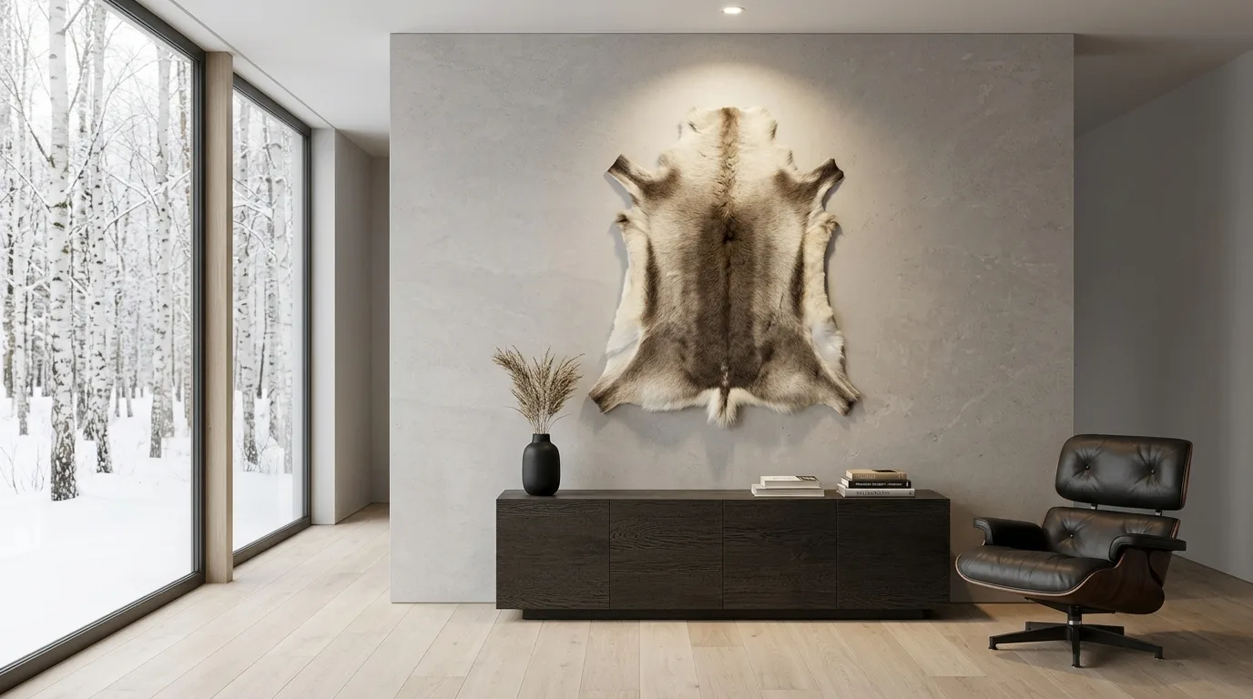 A whole reindeer hide mounted on a limestone wall under a spotlight, above a dark oak sideboard
