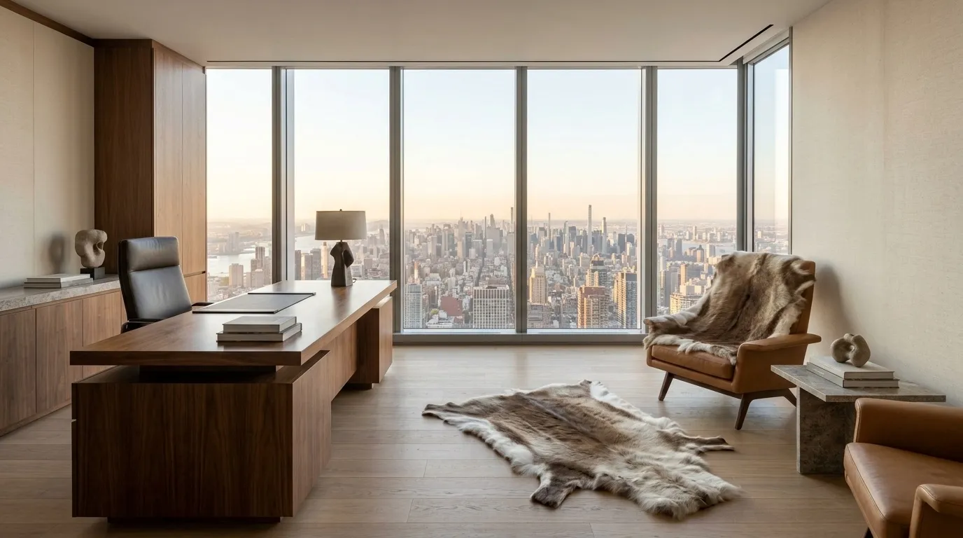 A high-rise office with a city view, a reindeer hide on the floor and another over a leather lounge chair