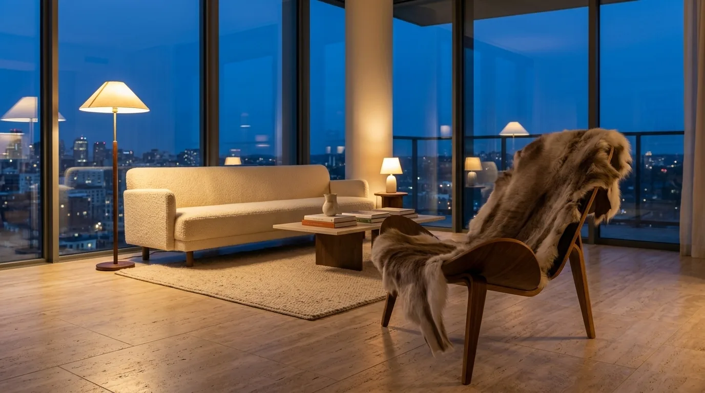A reindeer hide draped over a walnut lounge chair in a penthouse at dusk, city lights beyond the windows