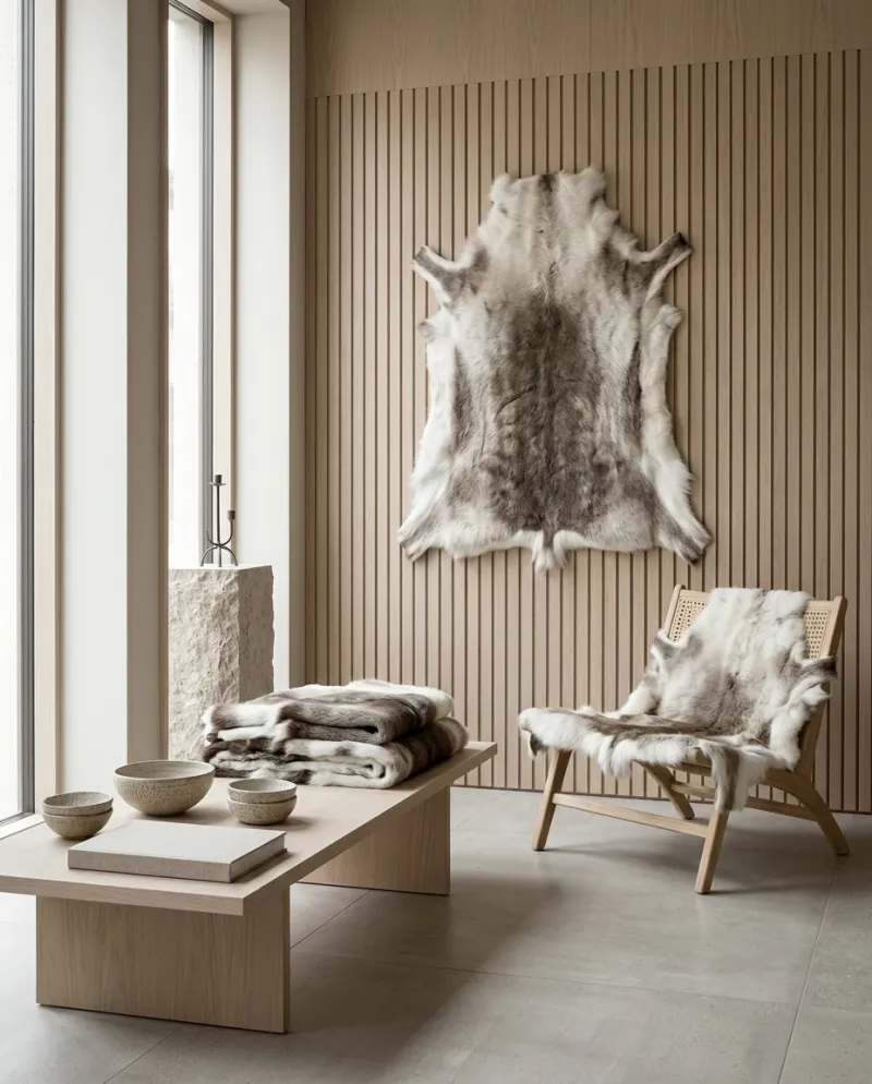 Reindeer hides on an oak wall, over a lounge chair and stacked on a table in a Scandinavian design showroom